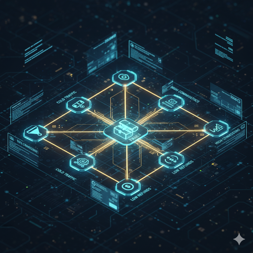 profit vault Digital representation of a business system with interconnected nodes like 'Cold Traffic,' 'High Commissions,' 'Low Refunds,' and a central 'Profit' icon.