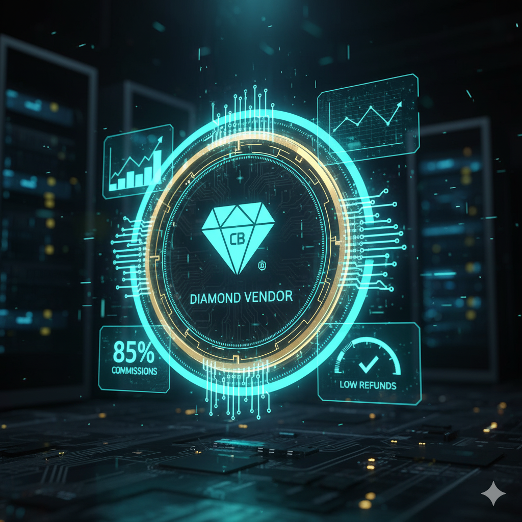 profit vault Futuristic digital icon showing a ClickBank Diamond Vendor badge, surrounded by metrics like '85% Commissions' and 'Low Refunds'.