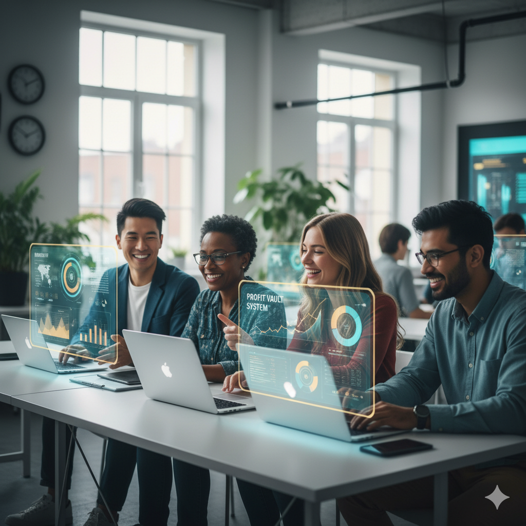 profit vault Diverse group of happy individuals working on laptops with holographic financial data projected in front of them, representing successful online entrepreneurs.