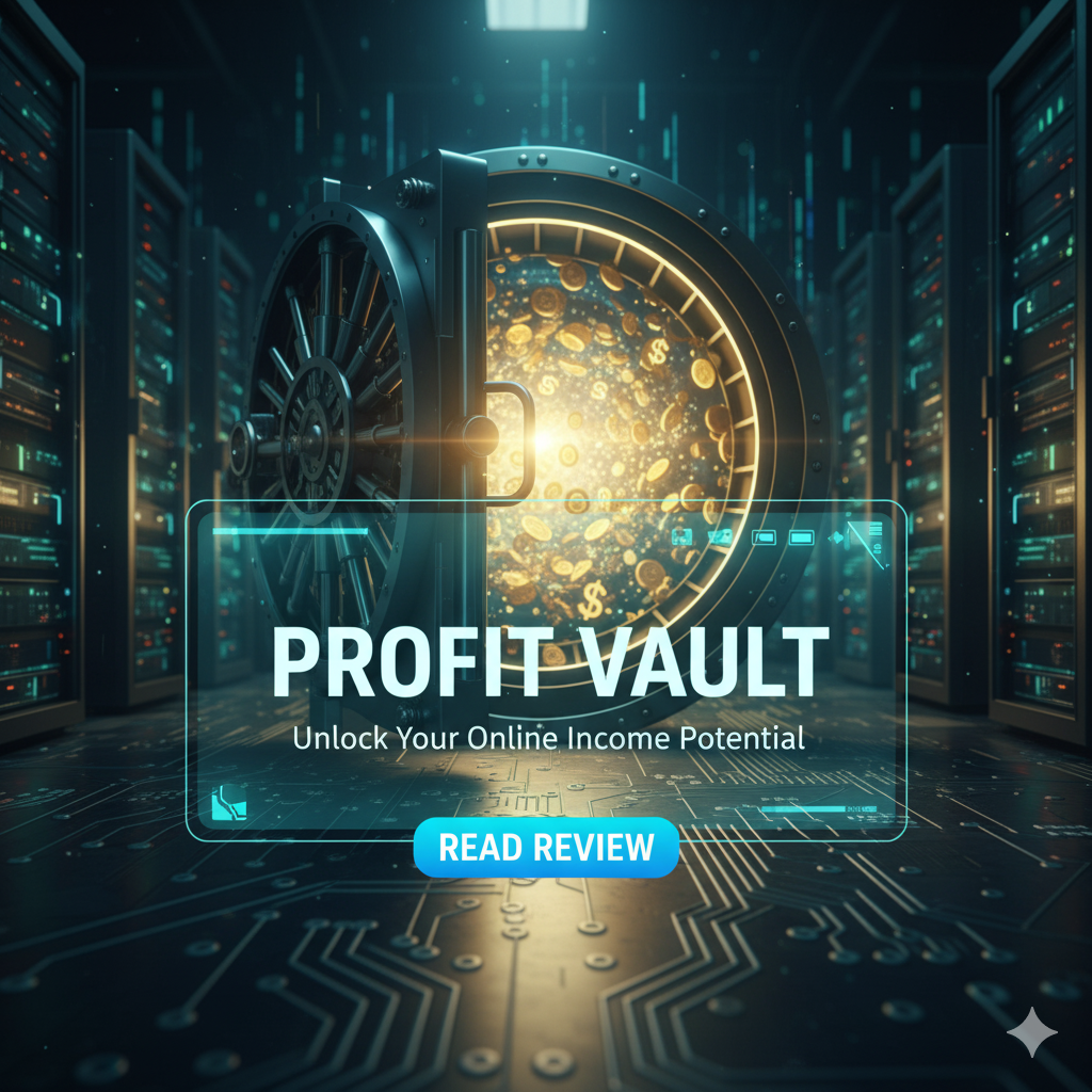 Profit Vault review blog header with a glowing vault door filled with coins in a data center, futuristic interface.